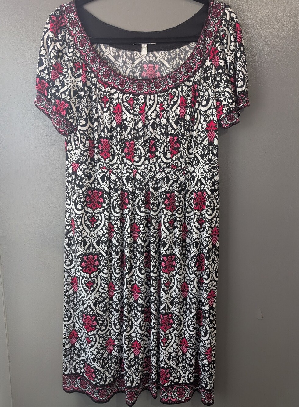 London Style Size 16 Pink Black Print Empire Waist Stretch Dress